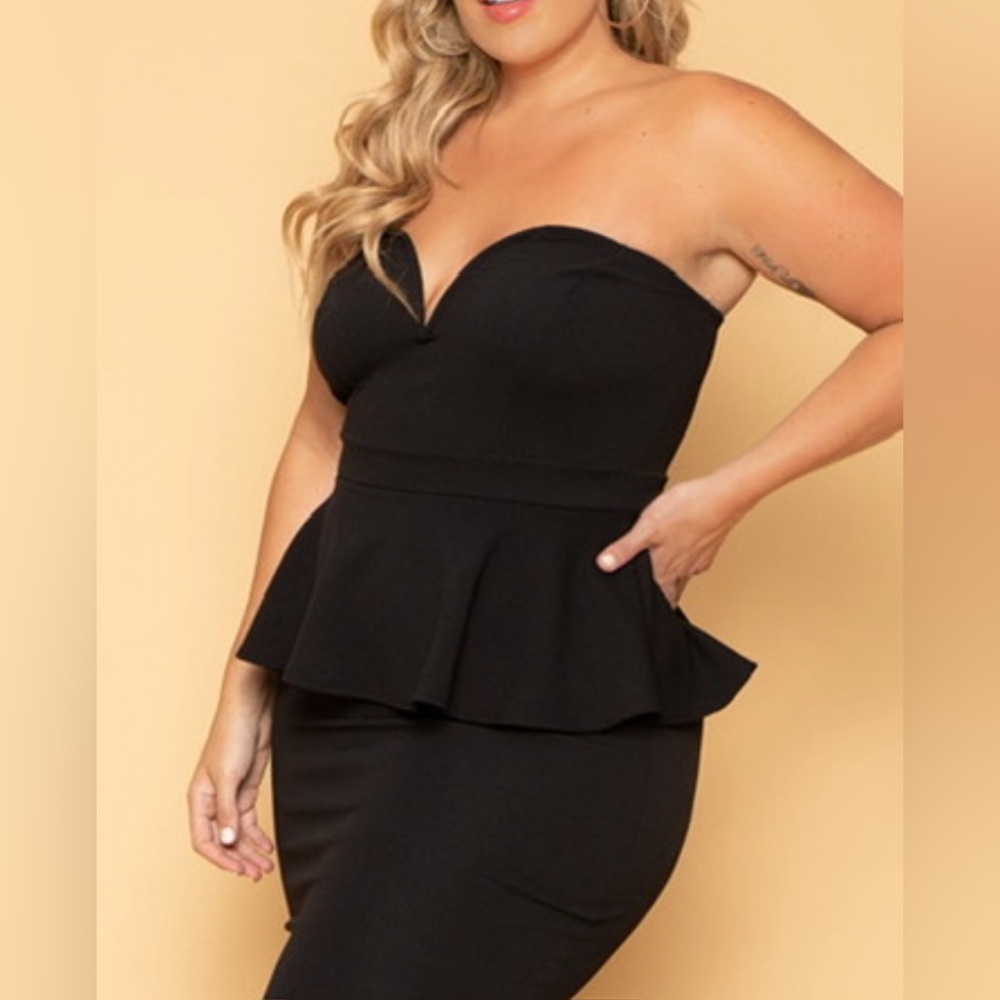 Elegant Black Strapless Peplum Bodycon Dress
